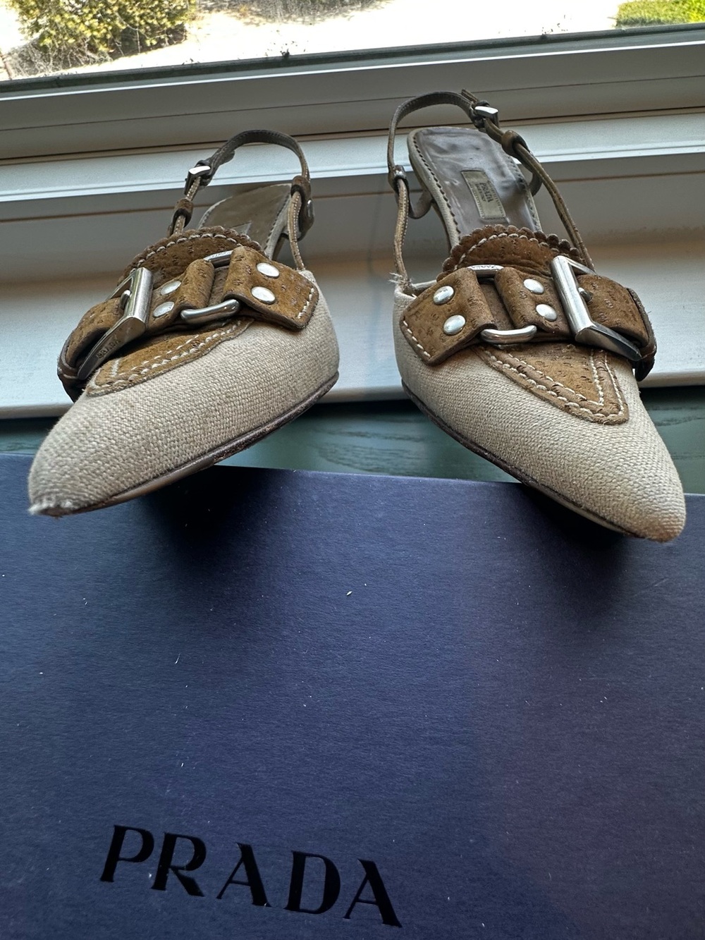 Vintage Prada Beige Canvas Pointed Toe Buckle Slingback Heels - Picture 11 of 16